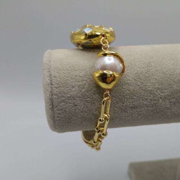 Gold Plated Larimar Gemstone Pearl Bracelet, 8 1/2 Inches, Rhinestone Clasp - Picture 7 of 10